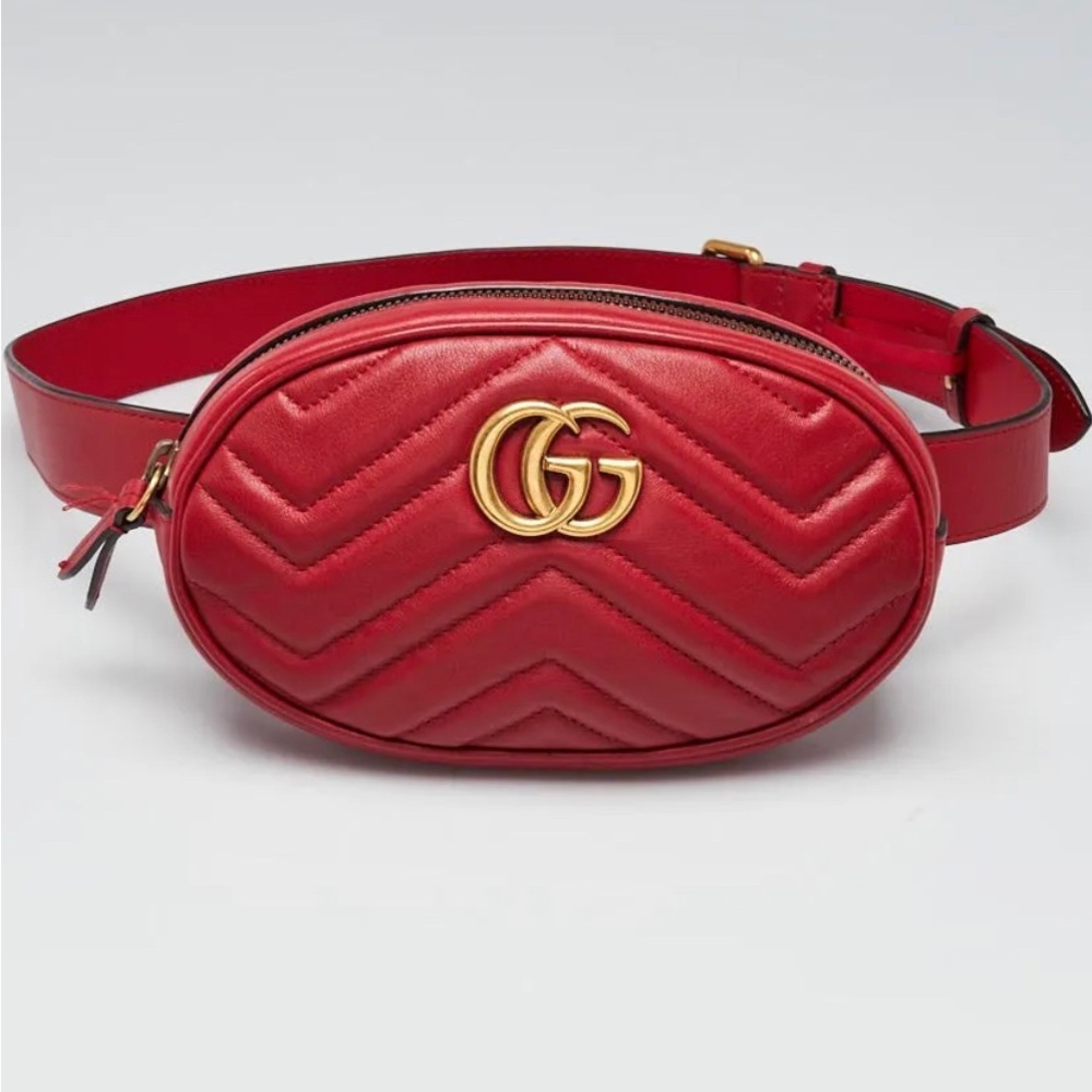 Gucci Red Quilted Leather GG Marmont Waist Belt Bag Size 75